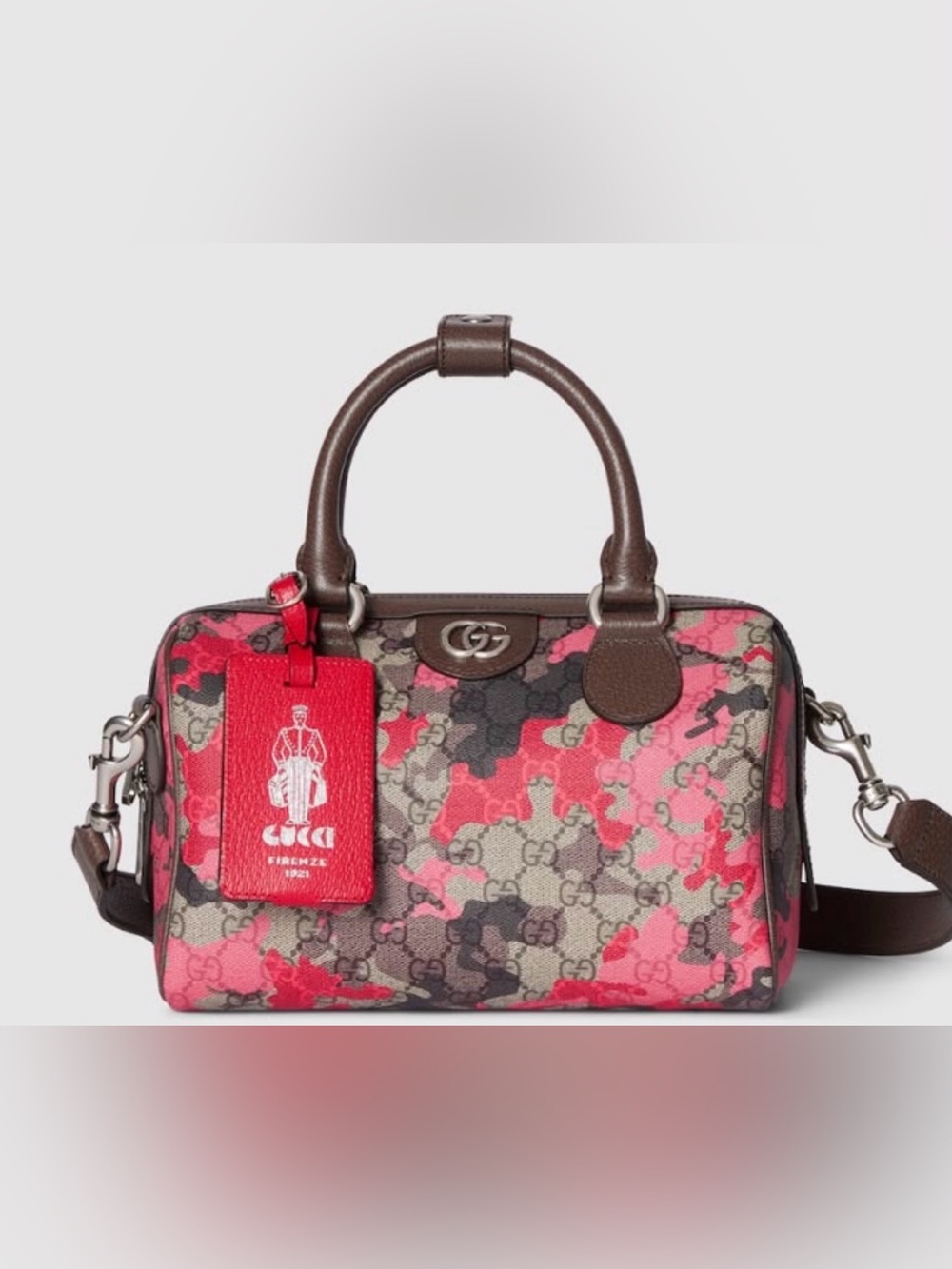 GUCCI Camo Boston Bag Pink Red Beige GG Canvas Brn Leather Trim Small Duffle NWT